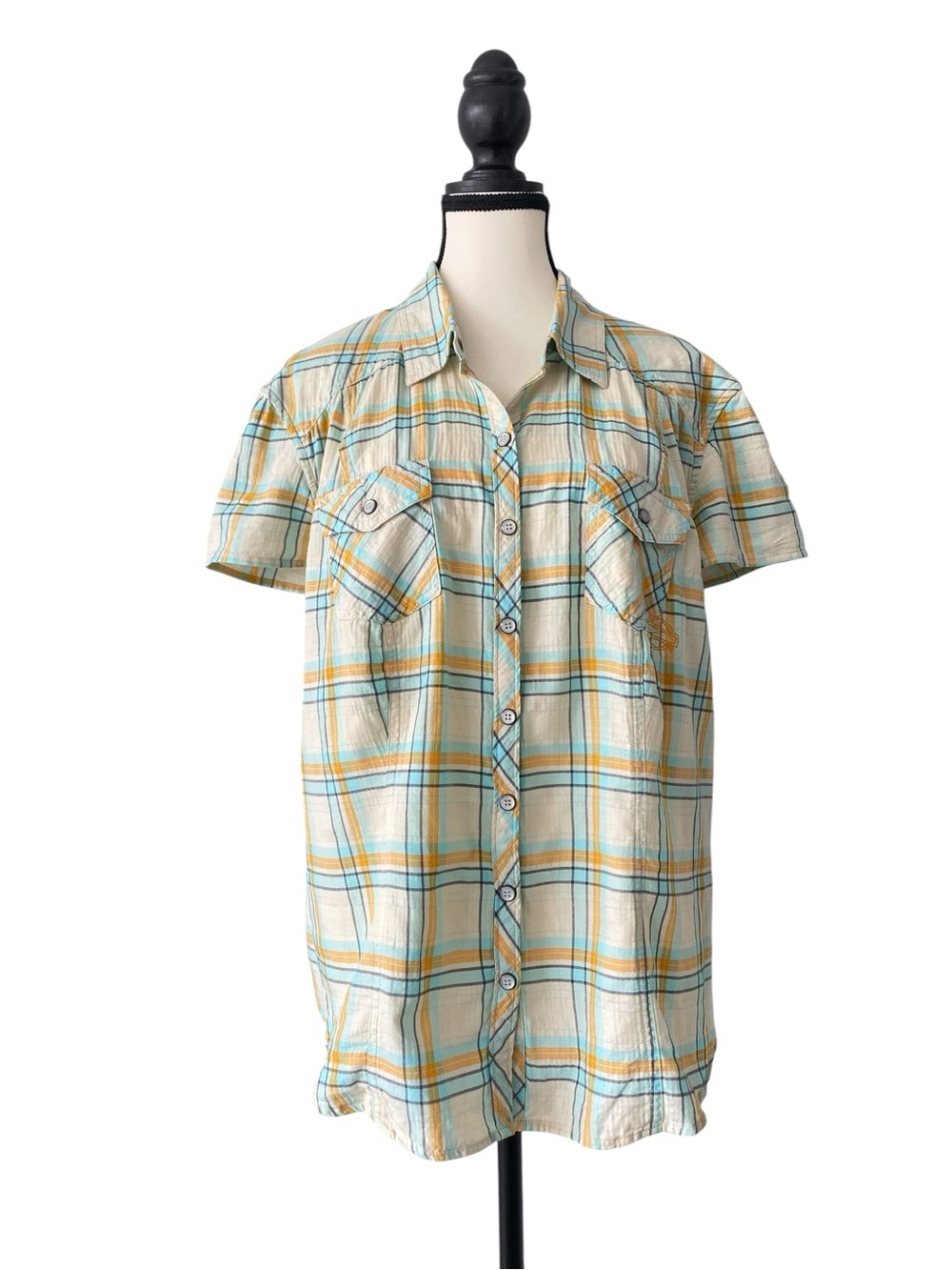 Harley-Davidson Yellow and Teal Plaid Short-Sleeve Button-Down Shirt Size 2W